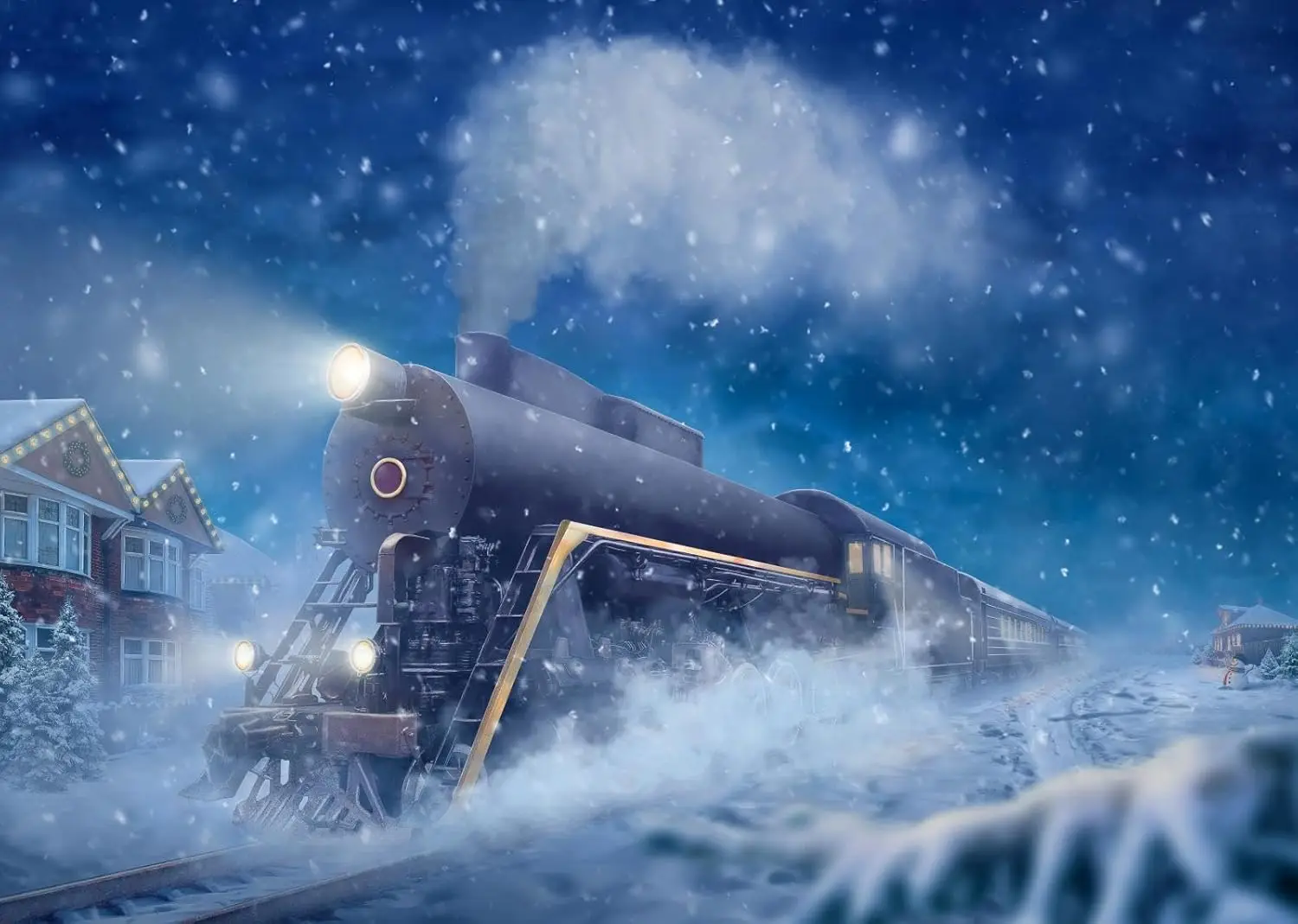 Winter Christmas Train Backdrop Locomotive Train Snowy Night Snowflakes xmas party photo background photography backdrop studio