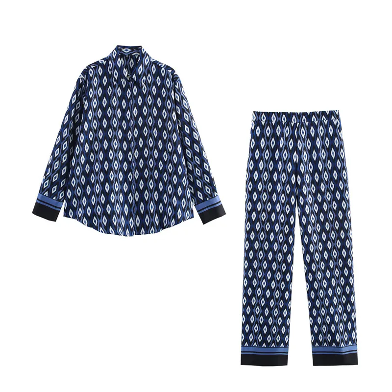 

Spring Summer New Women's Casual Geometric Pattern Print Shirts And Wide Leg Pants Set 2pc Luxury Fashion Top Trouser Suit