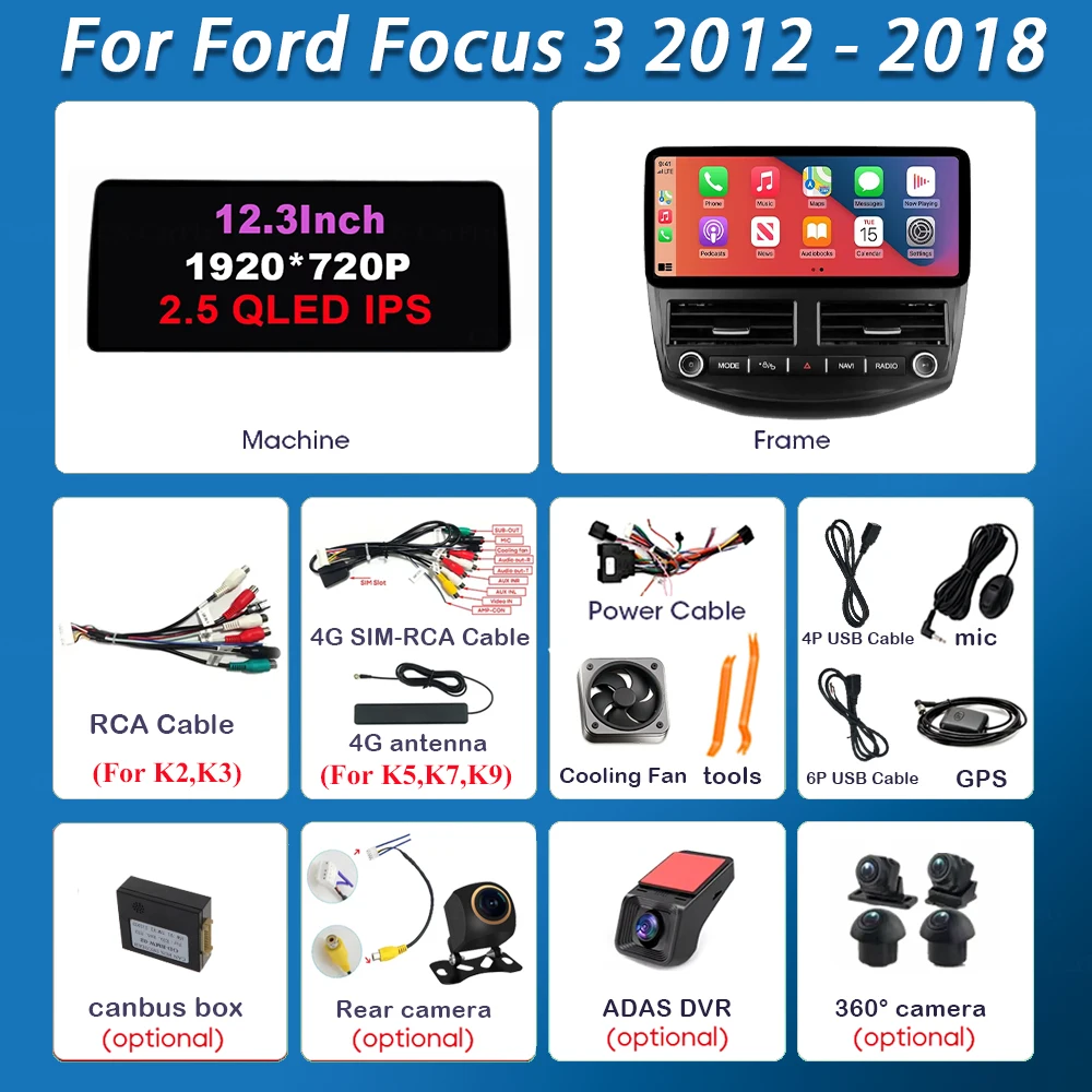 Car Radio Carplay 12.3 Inch For Ford Focus 3 2012 2013 - 2018 Navigation GPS Android Auto Android 16 5G Wifi Unit No 2din DVD