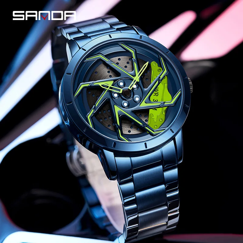 

SANDA 1088 Hot Sell Fashion Car Wheel Watch 360 Rotating Dial Clock 50m Waterproof Rim Hub Quartz Wristwatches Relogio Masculino