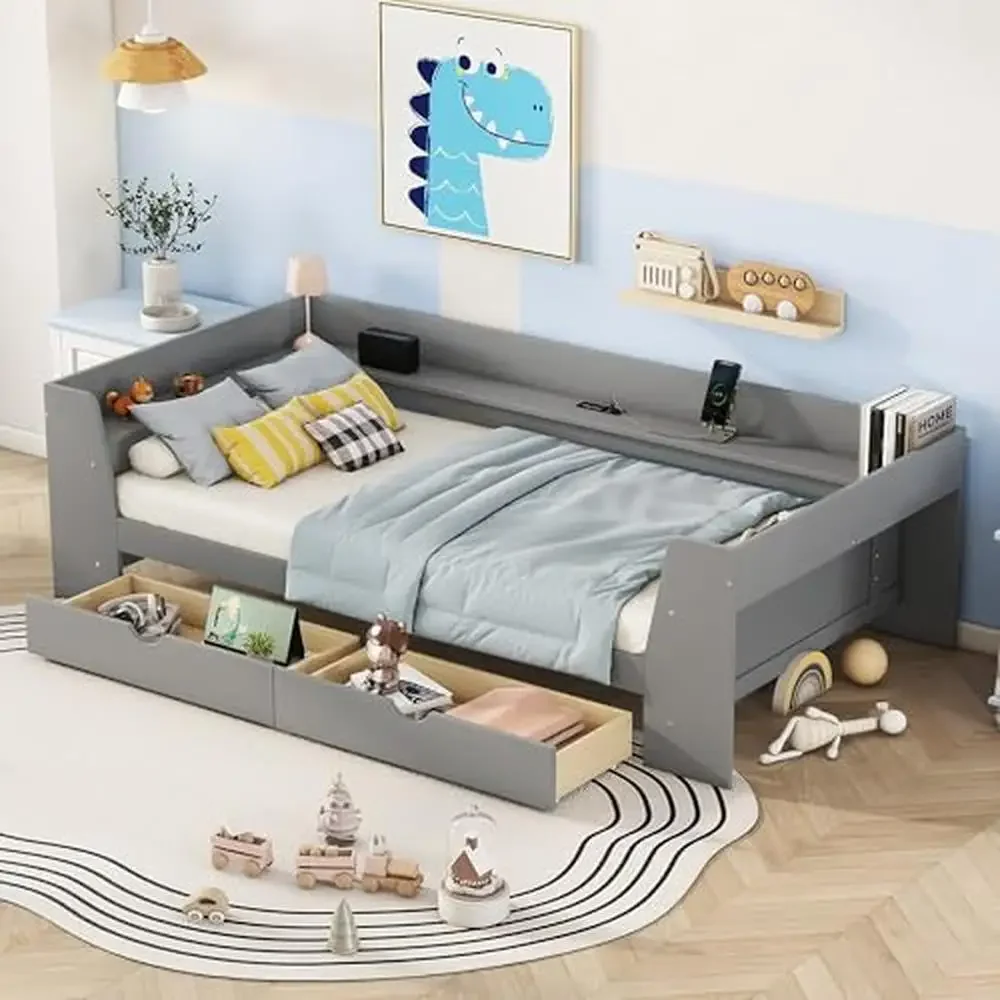 Modern Twin Size Daybed Frame with Storage Drawers and Charging Station Kids Bed Boys Girls Grey USB Port No Box Spring Needed