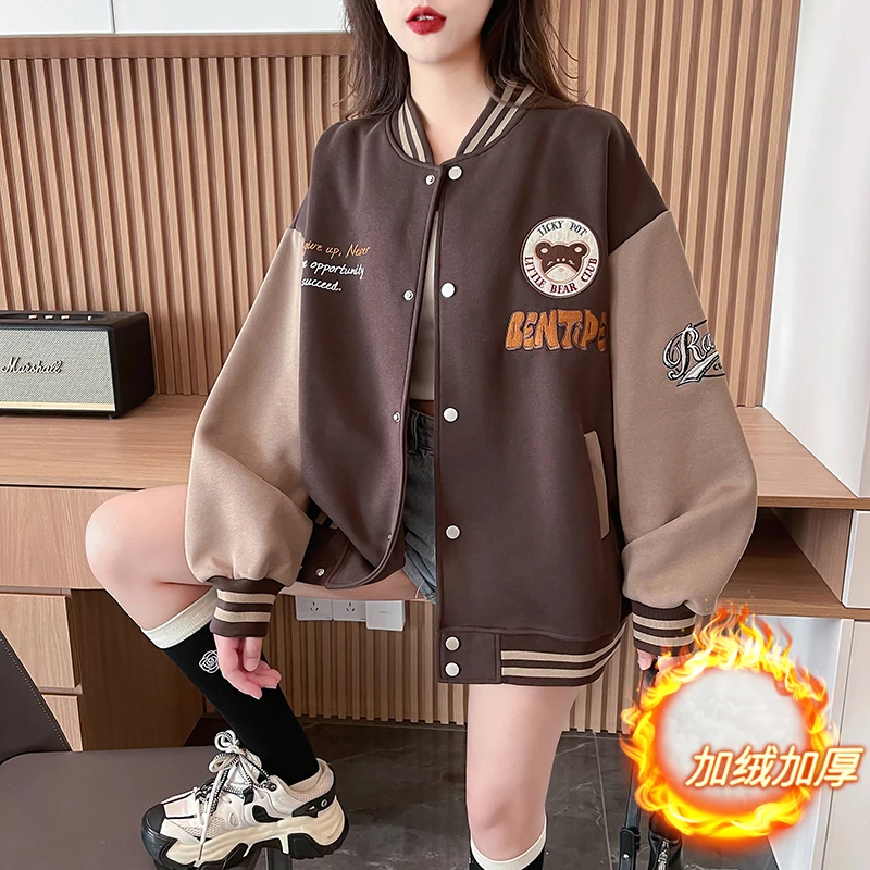 

Baseball Coat Female 2023 Autumn and Winter New Retro Hoodies Loose Patchwork Embroidery Sweatershirt Women