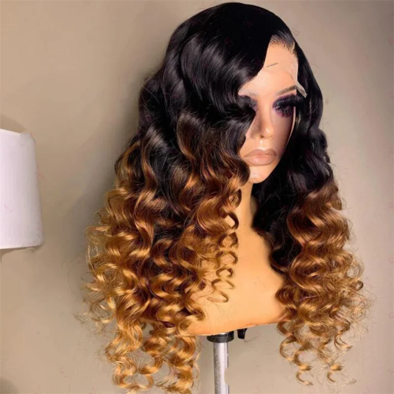 26 cali 180 Gęstość Ombre Blond Miękkie Bezklejowe Kinky Curly Długie Koronkowe Peruki Dla Kobiet Babyhair Preplucked Syntetyczne Codzienne Noszenie