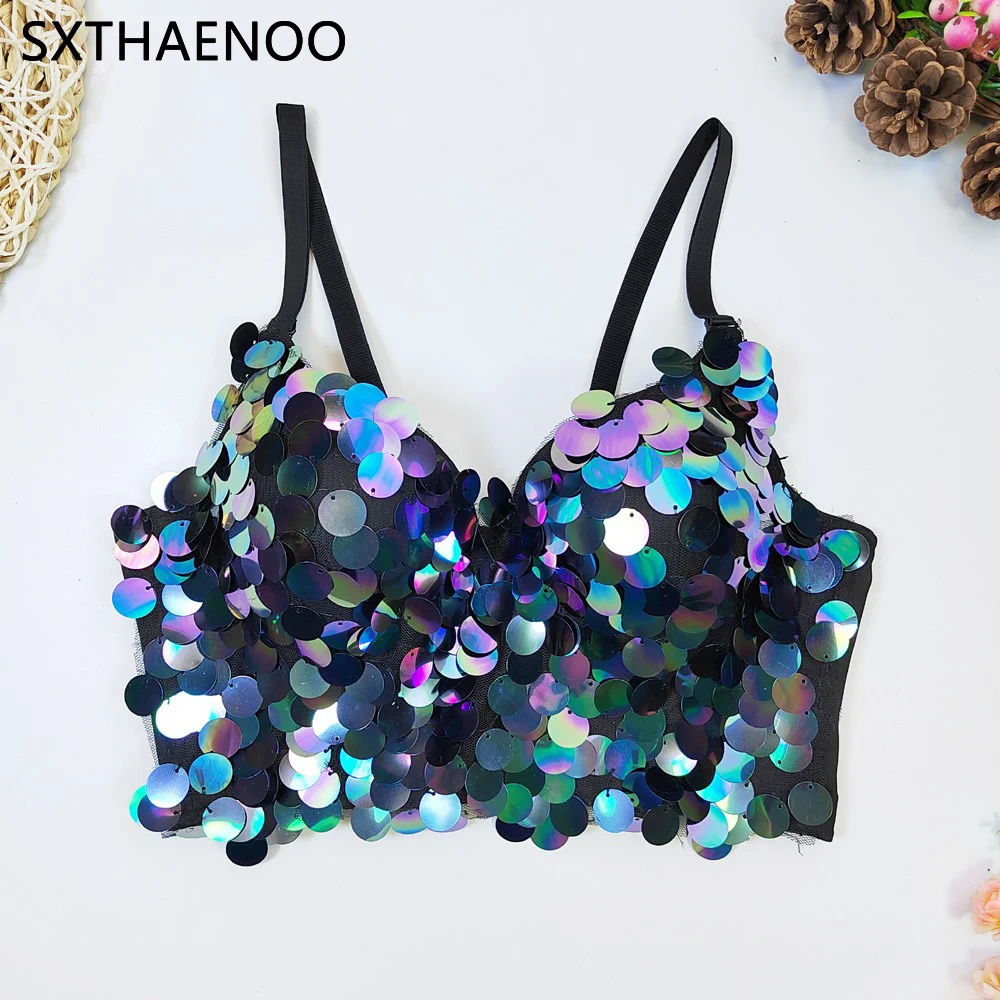 SXTHAENOO Fashionable Sequined Backless Crop Tank Tops for Women Sexy Sparkly Outfit Glitter Bra Tops Club Festival Beach Party