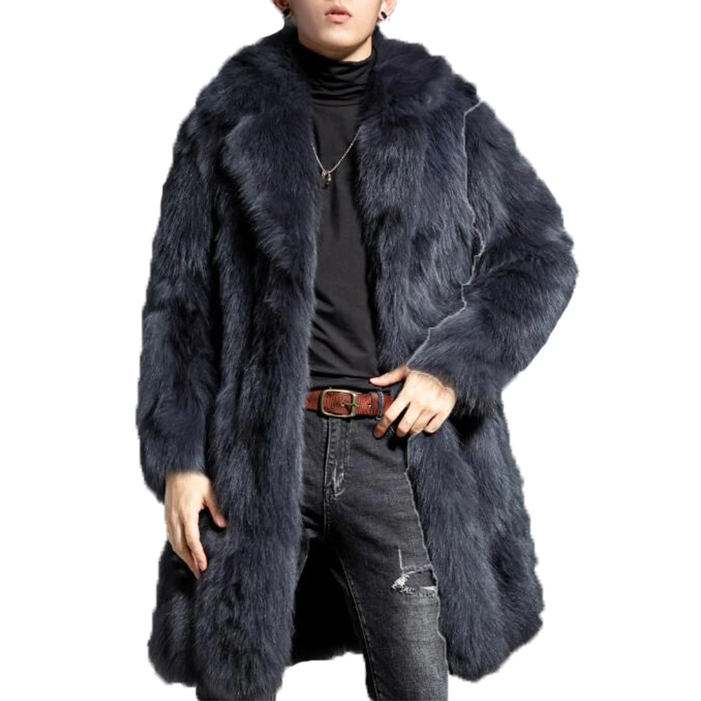 

Denny&Dora Whole Skin Genuine Fox Fur Coats With Fur Collar Winter Men Overcoat Mid-Length Style