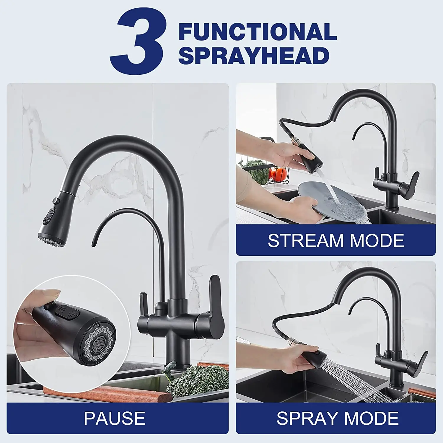 Hot Cold Touch Filter Kitchen Faucets 3 Ways Pull Out Kitchen Sink Mixer Tap Dual Handle Black Smart Sensor Touch Kitchen Faucet