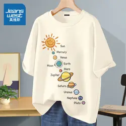 Summer O-neck Pure Cotton Short Sleeve Simple Casual T-shirt Women Solar System Printed Top Tee Lady Basics Loose Pullover