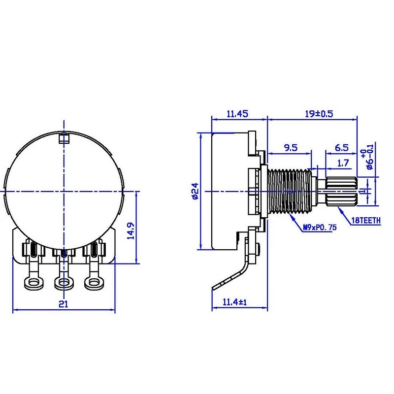 Guyker A500K Messing-Basspotentiometer mit langer Achse, A250K Basspotentiometer mit kurzer Achse. Ein detailliertes Maßdiagramm finden Sie im Anhang. – Detail 5