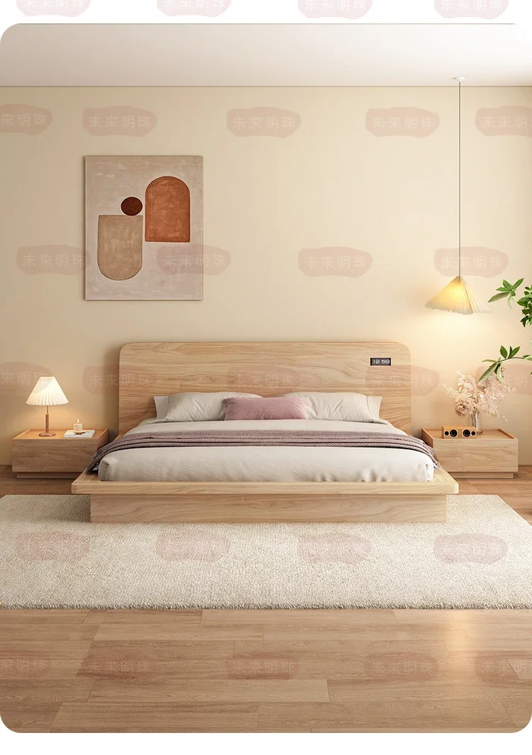 غرفة نوم رئيسية إسكندنافية مزدوجة يابانية من خشب التاتامي بلون الخشب وسرير بمنصة أرضية للزواج #1