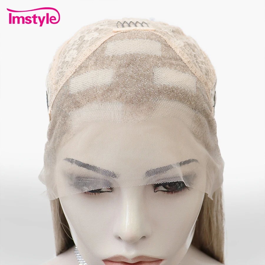 Imstyle-peluca sintética con malla frontal para mujer, cabellera larga lisa con reflejos de platino, resistente al calor, para uso diario