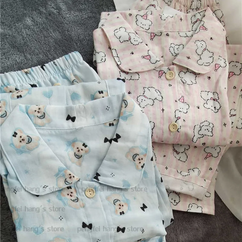 

Pure Cotton Sleepwear Women Sweet Cartoon Print Home Clothes Set 2Pcs Pajamas Loungewear Loose Home Clothes Leisure Outfit