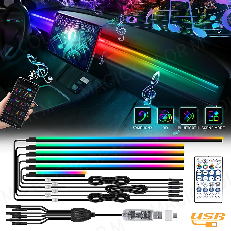 Vgetting 140 /55.1in Symphony LED Car Ambient Lights Universal 6 in 1 RGB Atmosphere Lamp USB APP Remote for Tesla Model 3 Y S X