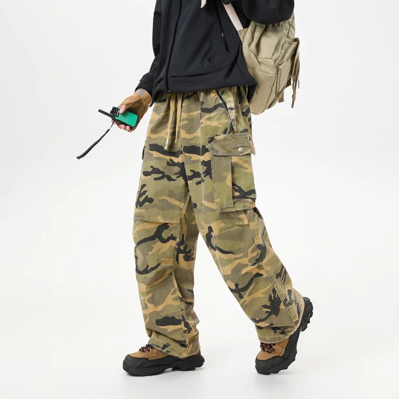 

Men's 2025 Straight Leg Cargo Pants Camouflage Print Multi-Pocket Cotton Casual Wide Leg Trousers Non-Stretch Workwear Pants
