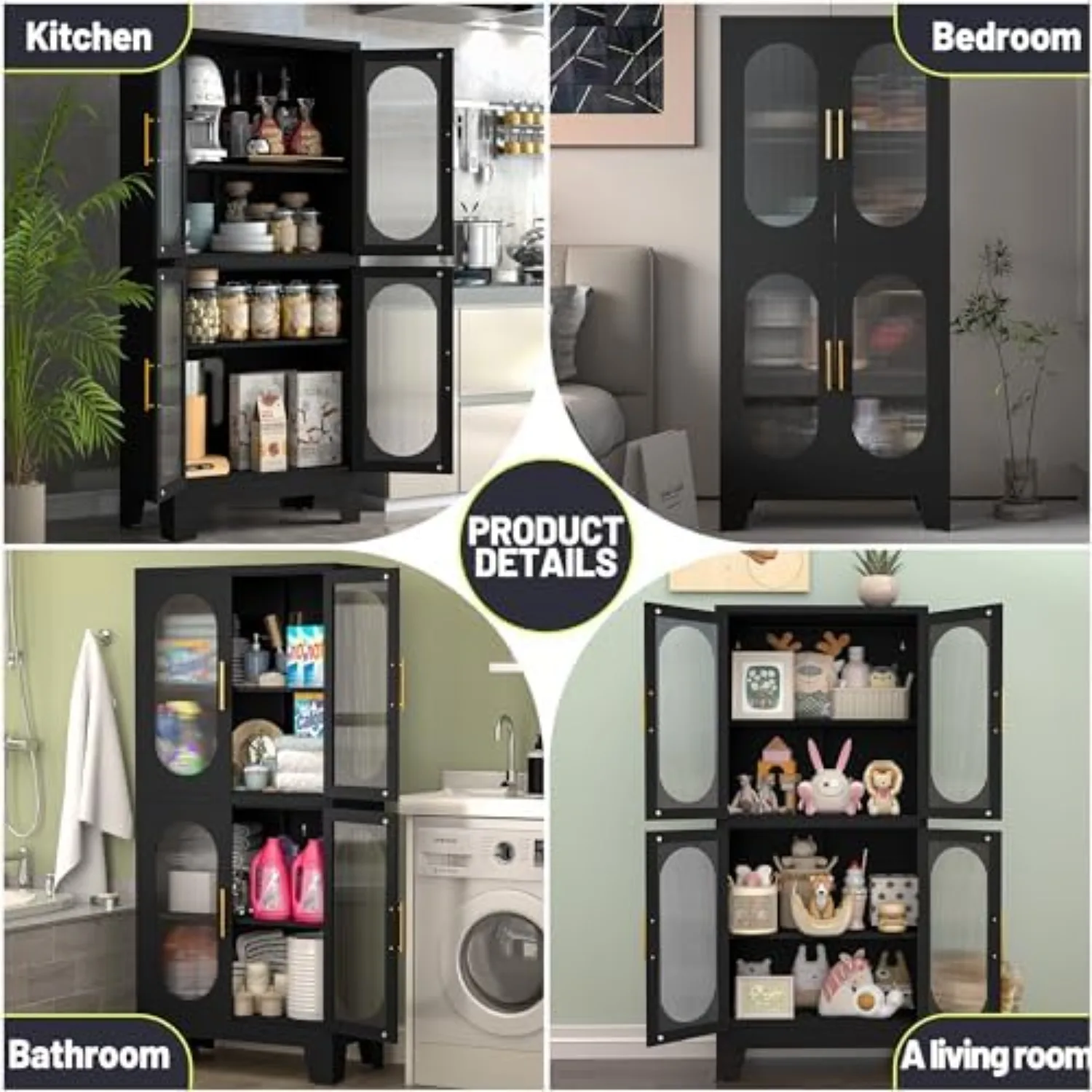 61" Black Pantry Storage Cabinet, Kitchen Pantry Cabinet with Acrylic Glass Doors and Shelves, with Adjustable Leveling view 5