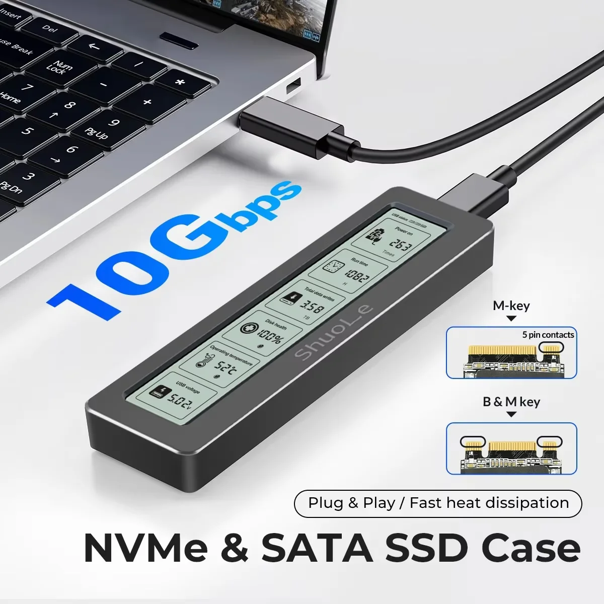 M.2 NVME/NGFF Dual Protocol SSD Enclosure with Display Screen USB Type C SSD Adapter for NVME PCIE NGFF SATA SSD Disk Box