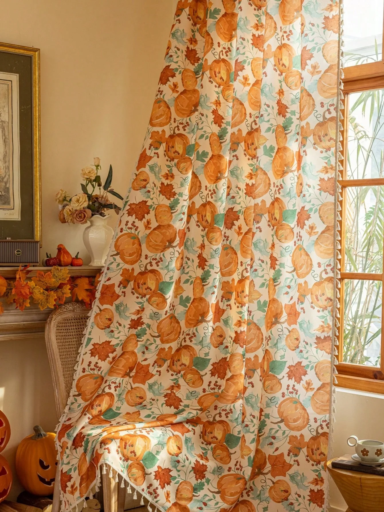 1PC Thanksgiving Fall Tassel Sheer Curtains, Pumpkin Maple Leaf, Digital Print, Linen Polyester, Bedroom Living Room, Home Decor