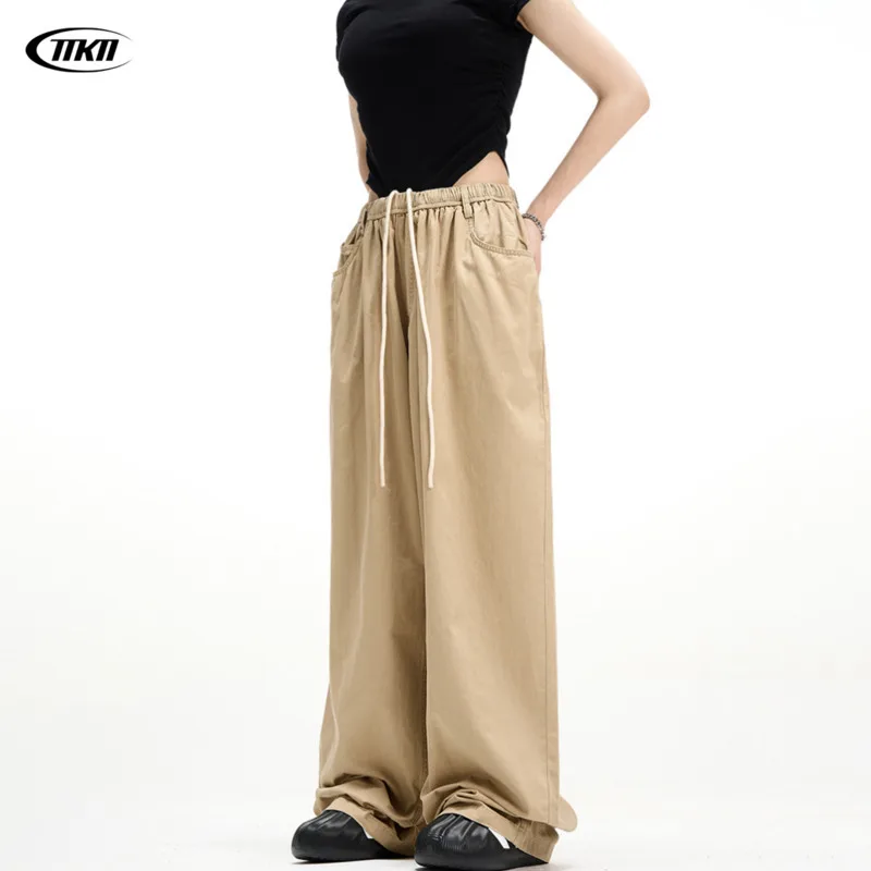 Solid Color Casual Wide Leg Pants Mens Retro  Drawstring Elastic Waist Trousers Men