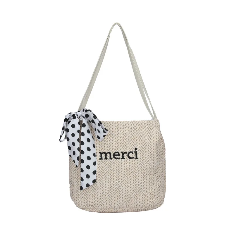 Sac à Main en Paille Tissé Simple et de Grande Capacité pour Femme, à Fermeture Éclair, avec Motif de Lettre, à la Mode