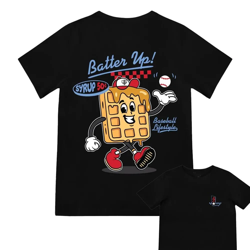 Vintage Cartoon Waffle Baseball Print Men Cotton T Shirt Retro 50s Diner Casual Loose Short Sleeve Tee