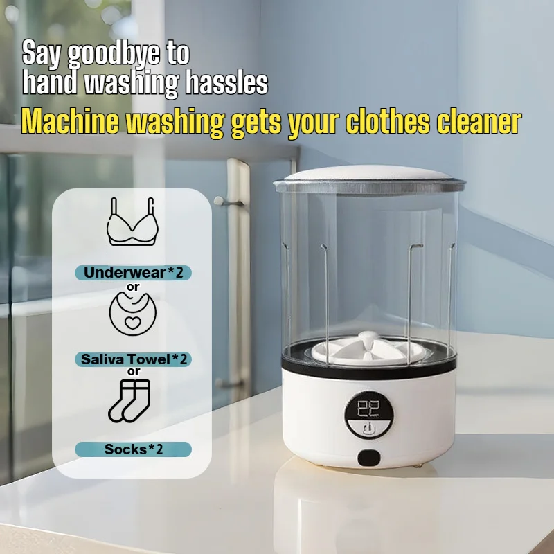 Portable Mini Underwear Washing Machine with Wireless Charging and A Digital Display for Travel, Camping, RVs, Family Use