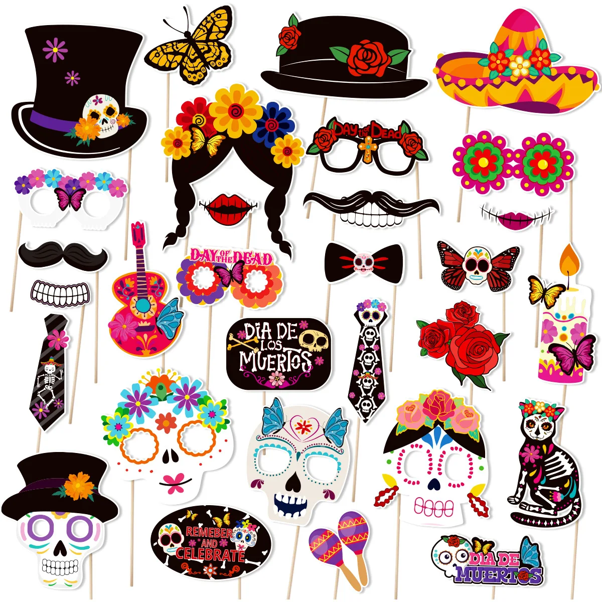 30Pcs Cartoon Mexican Day of The Dead Theme Photo Booth Props Skull Guitar Dress Up Paper Masks for Halloween Party Decoration