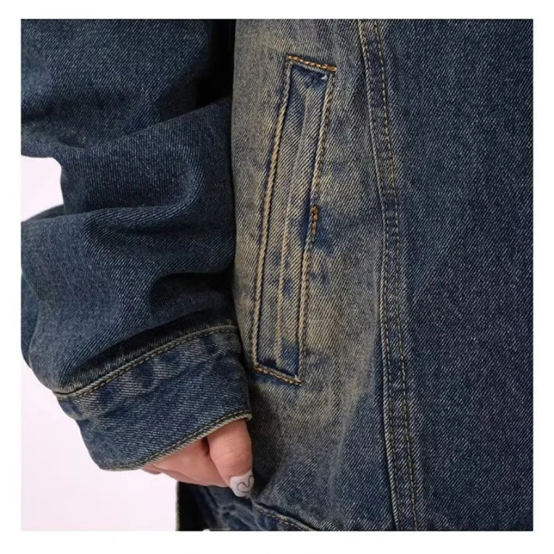 Men Fashion Denim Suit Letter Embroidery Stand Collar Cowboy Top+Hip Hop Washed Straight Leg Pants 2-piece Japanese Harajuku Set