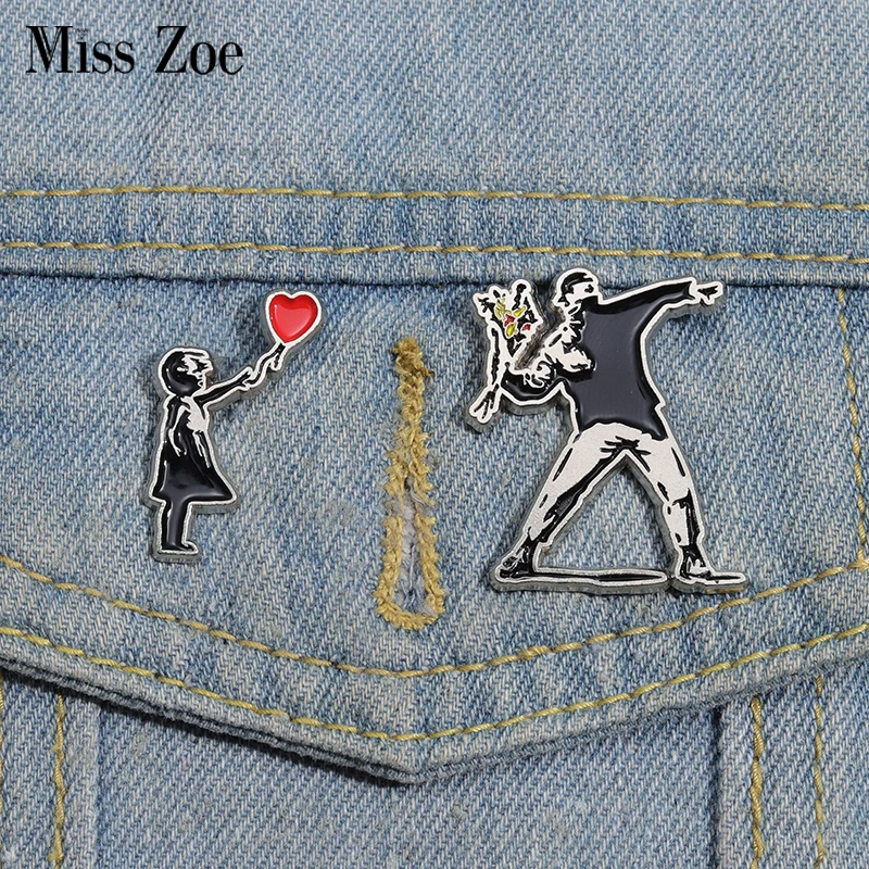 Banksy Enamel Pins Custom Funny Graffiti Wall Skate Punk Brooches Lapel Badges Flower Thrower Jewelry Gift For Art Friends