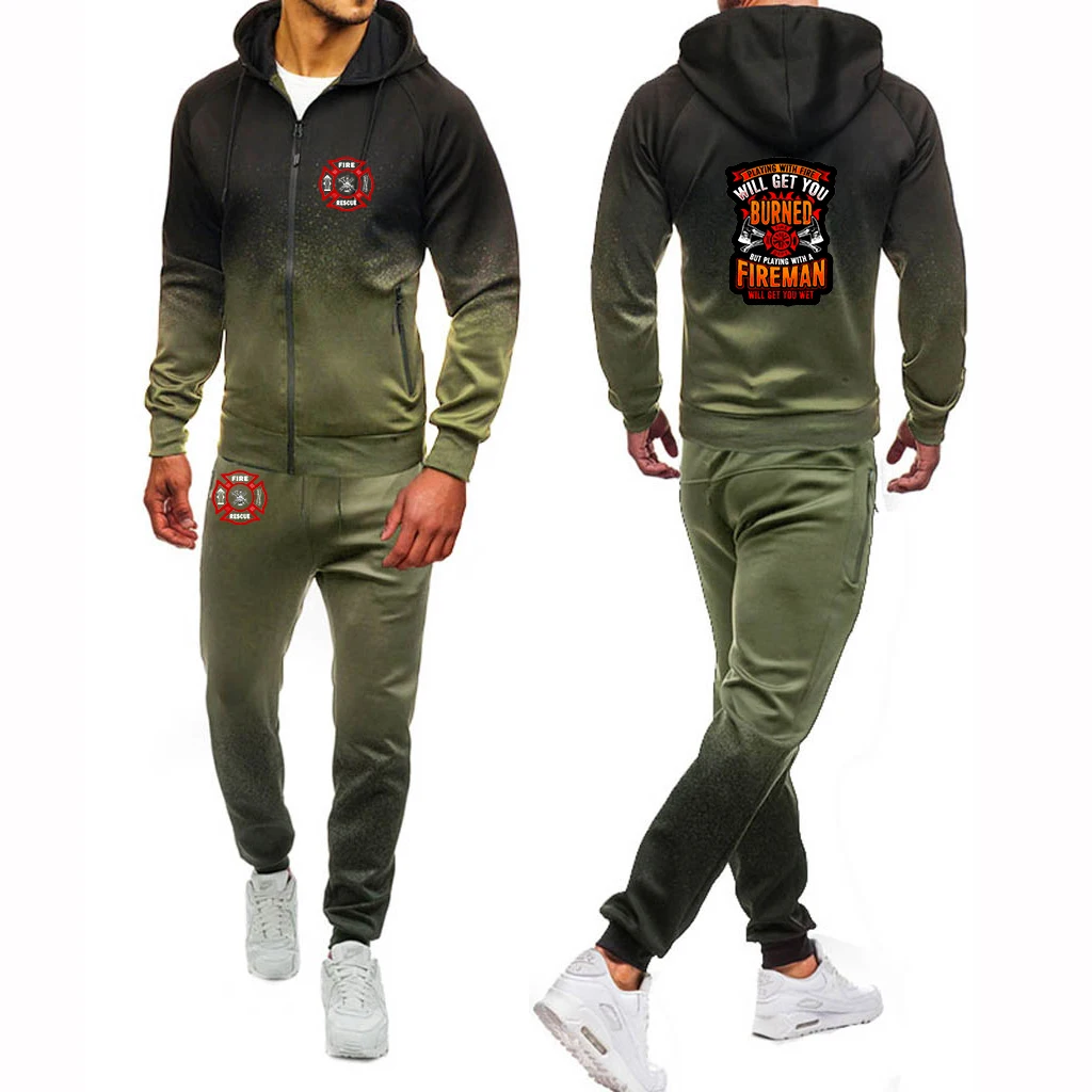2025 Spring Autumn Fire Rescue Firefighter Logo Print Gradient Color Sports Sets Men's Hooded Sweatshirt+Casual Sweatpants Suits