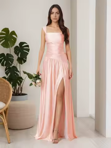 Suqare Neck Satin Bridesmaid Dresses for Women Asymmetrical A Line Formal Evening Party Dress with Slit
