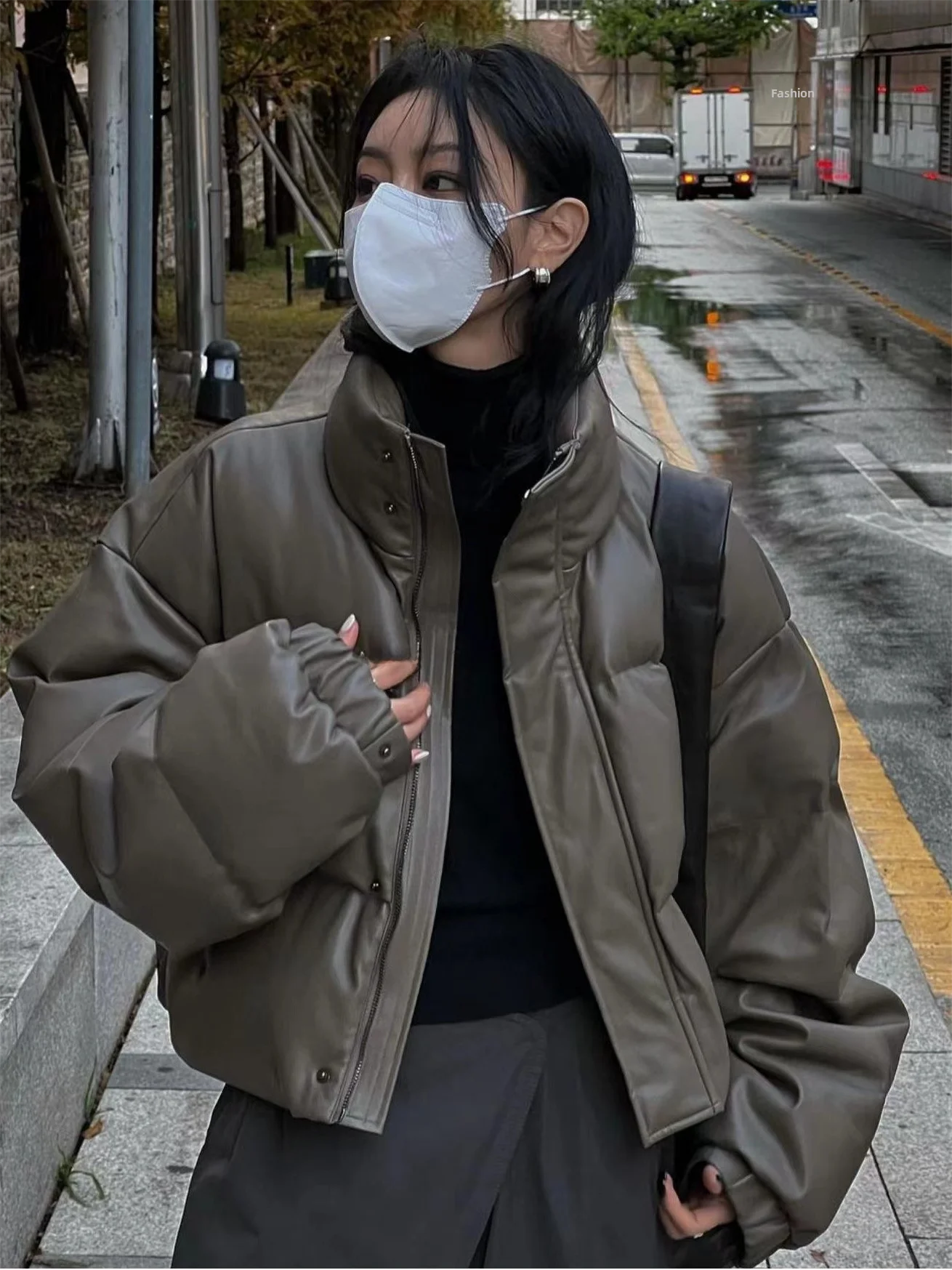 

Women's Stand Collar PU Leather down Cotton Jaet ort Loose Thi Warm Autumn Winter Faion Bread Sle Commute Pure Color