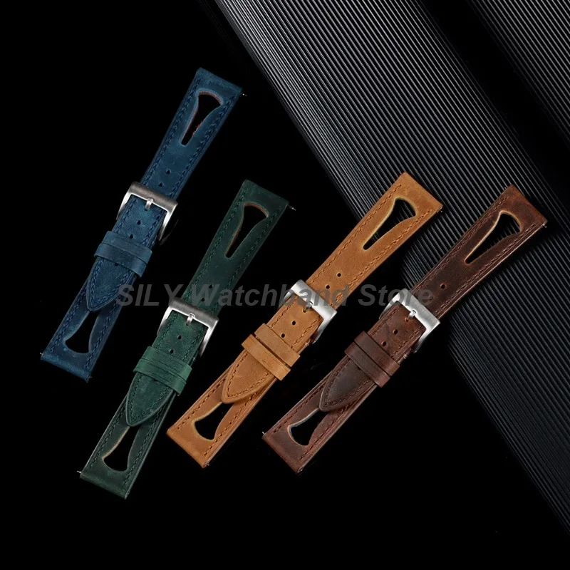 Ventilation Holes Leather Watchband 20/21/22/24mm Oil Wax Cowhide Breathable Strap Universal Retro Bracelet Waterproof Wristbelt