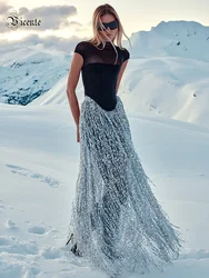 VC Black Crop Top With Sparkly Sequins Tassels Long Skirt Set Mesh Patchwork Turtle Neck High Waist Skirt Two Pieces Party Suit