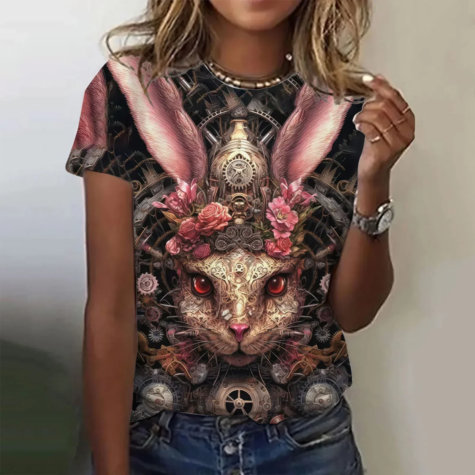 Women's T-Shirt Summer Short Sleeve  Loose Casual Rabbit Print Top Kawaii Funny Pattern Pullover T Shirts for Girls Sweater