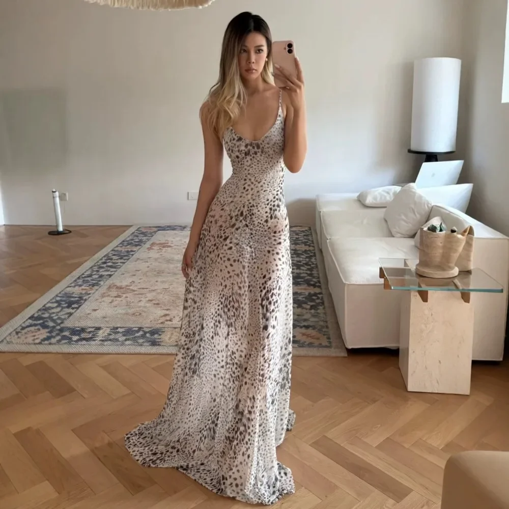 Women Summer Leopard Print Cami Maxi Dress High Waist Casual Beach Vacation Dress