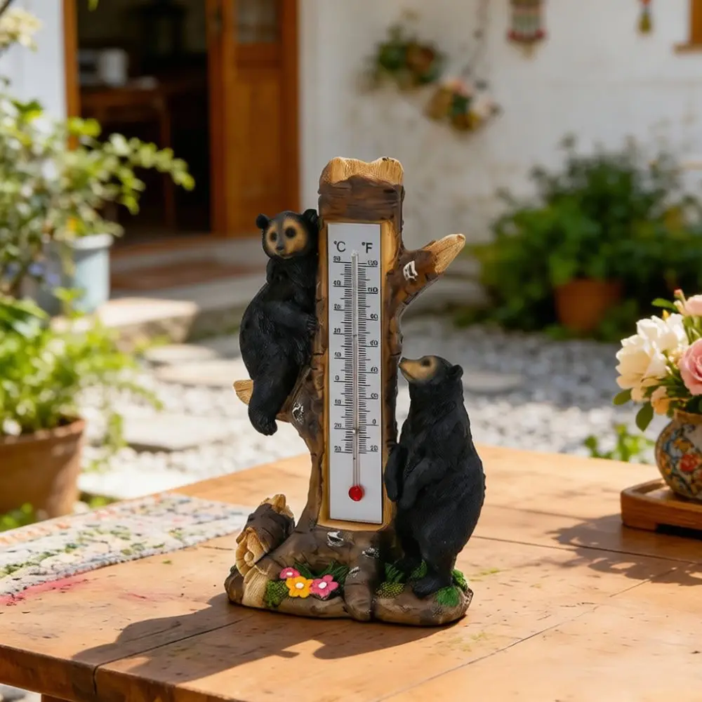 Resin Black Bear Ornament For Outdoor Garden Patio Lawn Temperature Measuring Instrument Realistic Wildlife Statue