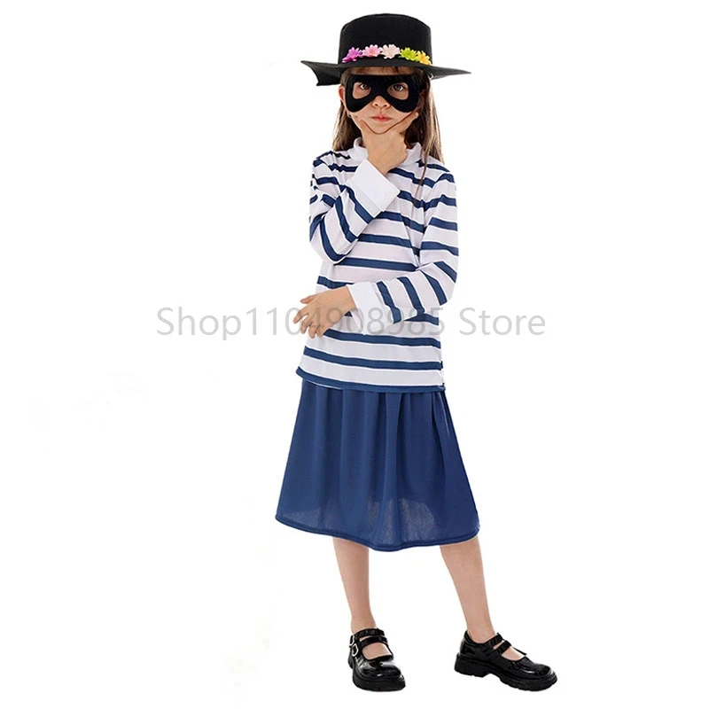 

Storybook Children Robber Costume Set Striped Shirt Eye Patch Thief Cosplay for Girls Halloween Party World Book Day