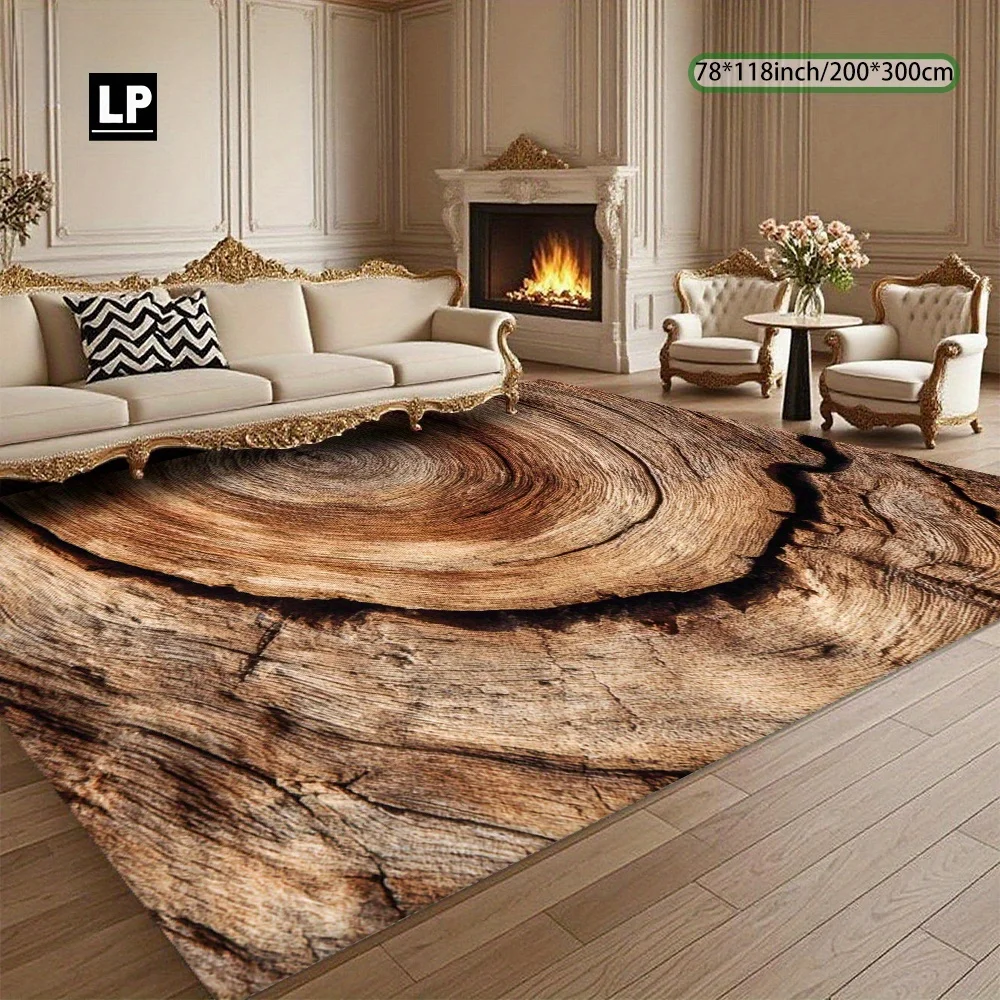 Nordic Tree‑Ring Stump Printed Area Rug, Soft Non‑Slip Washable Floor Mat for Living Room, Bedroom, Office