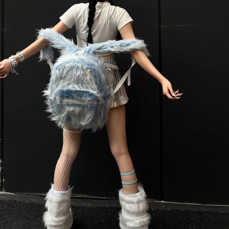 JIAERDI حقيبة ظهر طويلة من القطيفة باللون الأزرق الجليدي للنساء ناعمة ذات سعة كبيرة حقيبة ظهر للرجال حقيبة مدرسية عصرية للسفر في الهواء الطلق جديدة