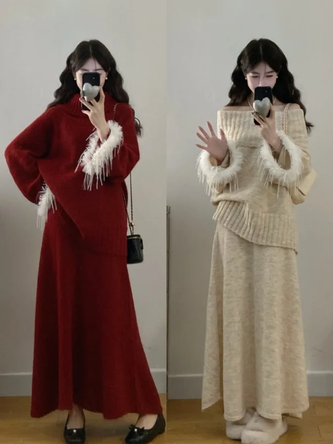 

plus Size Knitted Sweater And Skirt Set Women's Autumn Winter Tassel Lazy Fashion Slimming Two Piece Suit for plus Size