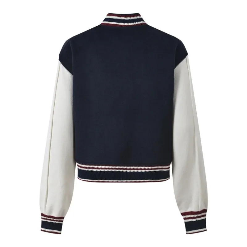 Patchwork O-neck Baseball Jacket Color Clash Navy Blue Single Breasted Coat Threaded Cuffs Short Casual Stylish Ladies Overcoats