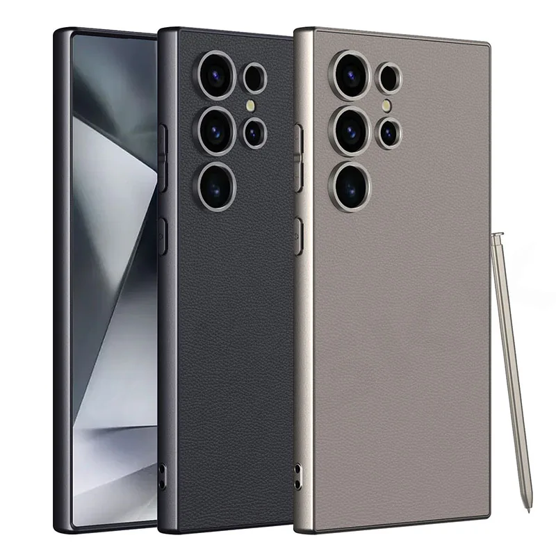 Luxury PU Leather Soft Edge Case For Samsung Galaxy S24 Ultra Metallic Paint Frame Skin Feeling Cover For Galaxy S24 Ultra Case