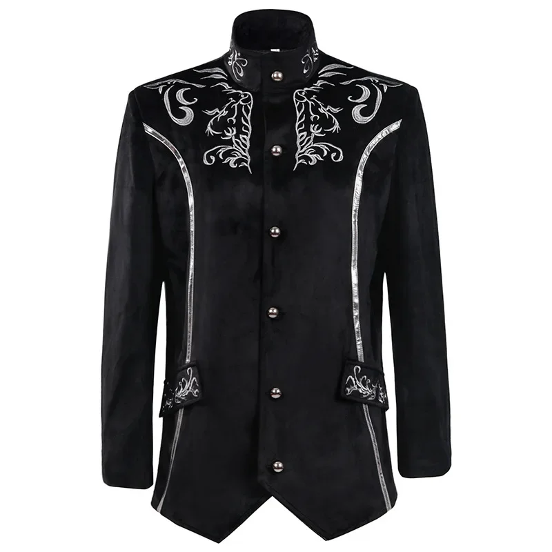 Million Christmas medieval men's fashion vintage coat stand up collar silver embroidered suede jacket