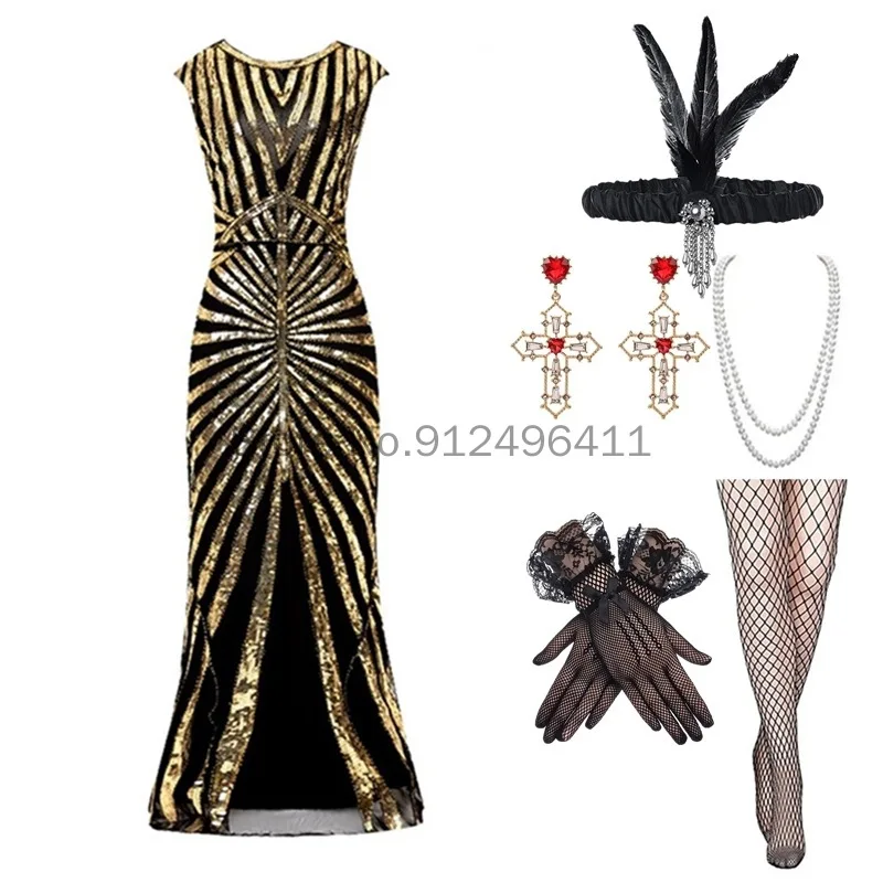 

Косплей 1920-е Гэтсби платье рыбий хвост вечернее женское банкетное платье аксессуары серьги ожерелье головной убор рыболовные носки