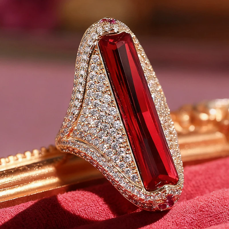 Huitan Long Rectangular Red Cubic Zirconia Rings for Women Luxury Gold Color Wedding Anniversary Modern Party Statement Jewelry