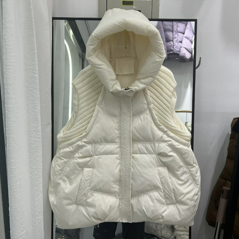 

2026 Autumn/Winter New Loose Large Size Down Jacket Women's Vest Short Hooded Thick Knitted Yarn White Duck Down Outerwear