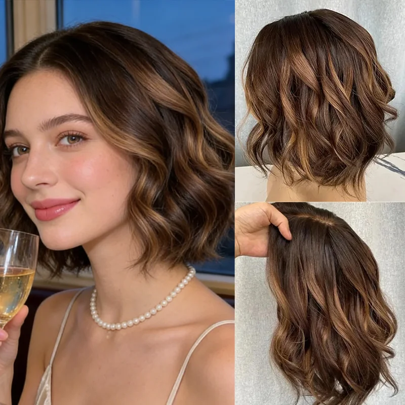 

Short Bob Lace Front wigs for women Medium Brown with Honey Blonde Highlights color Synthetic Hair Ladies Girls 13x4 Wig Sale