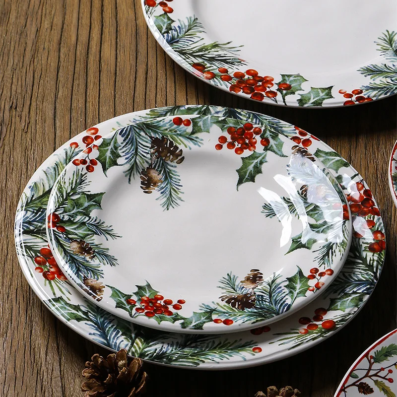Christmas Ceramic Dinner Plate Underglaze Color Round Flat Plate Household Dessert Serving Tray For Festival Tabletop Decor