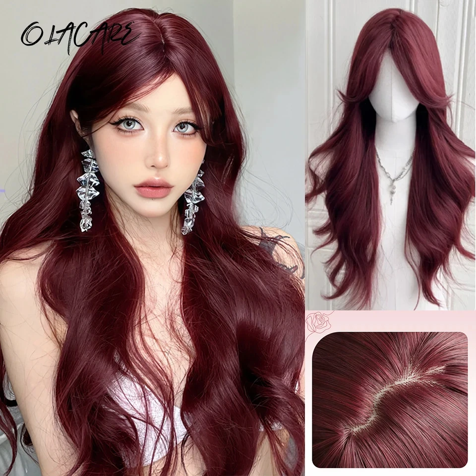 

Long Body Wave Wig with Bangs Burgundy Wine Red Colorful Party Wig for Women Natural Daily Cosplay Synthetic Hair Heat Resistant