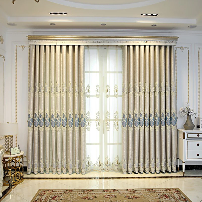 2 Panels Luxury European Embroidered Blackout Curtains, Light Grey Blue Embroidery Window Drapes, Ready Curtains for Living Room Bedroom Bay Window