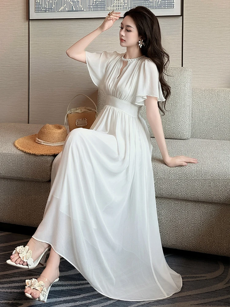French Holiday Vacation Dress Women Sweet Fairy White Chiffon Cut Out Pleated Swing Long Robe Female Seaside Party Date Vestidos